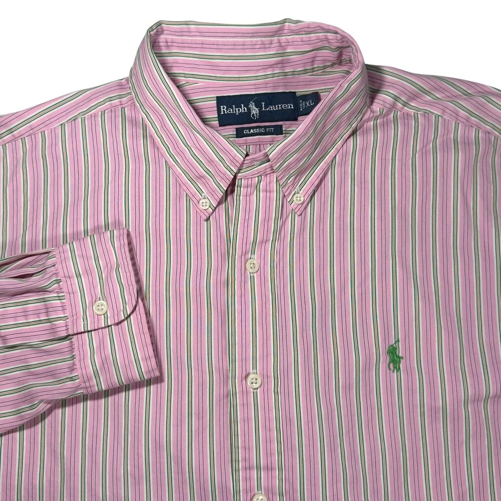 Polo Ralph Lauren Mens‎ XL Classic Fit Pink Green Striped Button Down Shirt